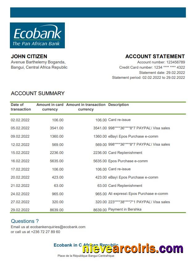 Central African Republic Ecobank bank statement